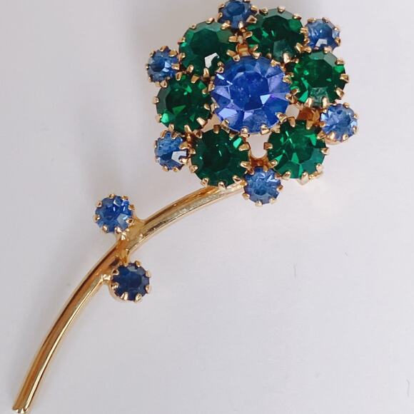 VTG Mid Century Brooch Floral Green Blue Rhinestone Gold Tone EUC - Picture 8 of 12